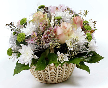 Flowers, Roses, Leaves, Chrysanthemum, Basket, Composition, Handsomely, It's Beautiful HD wallpaper