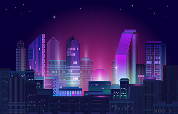 Neon Skyline, Night city panorama, Dark background, Neon glow HD wallpaper