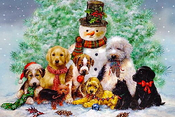 Snowman and Some Doggies , winter, painting, Snow, Snowman, dogs HD wallpaper