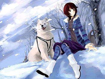 Snowland anime, cartoon, animated, polar, cute, girl, wolf, fox, charming, anime, snow, cool, nature, preety HD wallpaper