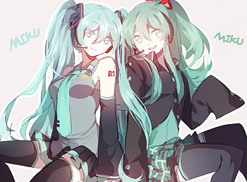 ~Miku & Miku~, ponytails, hatsune miku, blue tie, twins, jacket, skirts, vocaloid, long hair, micros, anime, friends HD wallpaper