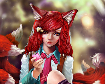 Ahri, blue, art, girl, fox, , pink, fantasy, red, league of legends, ears, tigrsasha, redhead, nine tails HD wallpaper