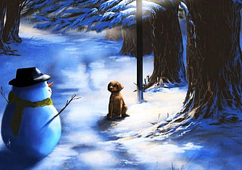 Listen to Him, winter, dog, artwork, snowman, painting, evening HD wallpaper