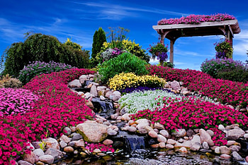 Summer stream, slope, garden, beautiful, spring, park, summer, freshness, cascades, flowers, sky, water, lovely, stream HD wallpaper