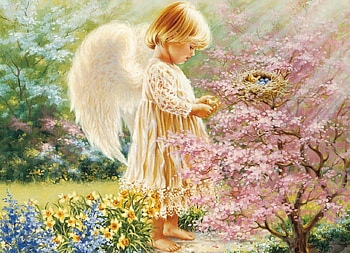 SPRING ANGEL, wings, birds, angel, eggs, spring, nest, flowers, child, female HD wallpaper