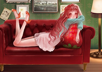 anime, heels, red head, red eyes, women, couch, paintings HD wallpaper