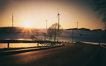Sunrise, windmills, road, landscape HD wallpaper