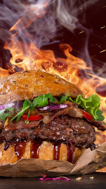 burger, steak, fire, fast food, pepper, , Food, Junk Food HD phone wallpaper