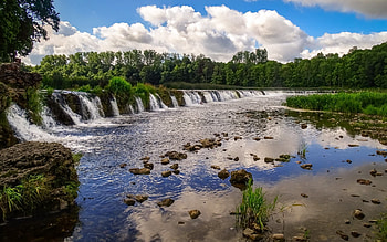 The Widest Waterfall in Europe, clouds, river, waterfall, Latvia HD wallpaper