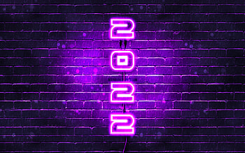 2022 on violet background, vertical text, Happy New Year 2022, violet brickwall, 2022 concepts, wires, 2022 new year, 2022 violet neon digits, 2022 year digits HD wallpaper