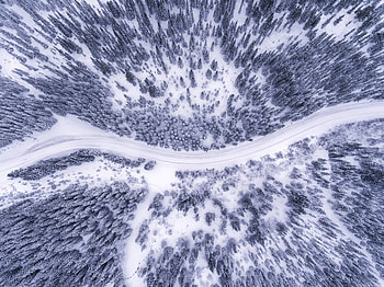 Wintery day, aerial view, road, trees, forest HD wallpaper