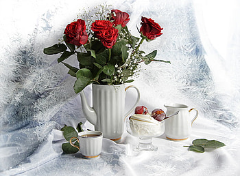 still life, bouquet, graphy, tea, nice, rose, flower, , white, frost, roses, beautiful, cup, ice cream, jug, cool, flowers, ice, harmony, drink HD wallpaper