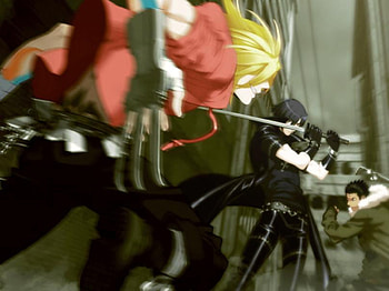 Gunji & Kiriwar VS Shiki, fighting, kiriwar, fight, buildings, gunji, togainu no chi, trench coat, sword, shiki, gloves, weapons, action, claws, anime, battle, belt, katana, spiky hair HD wallpaper
