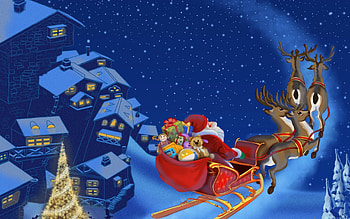 Santa Claus Is Coming to Town, winter, town, houses, teddy bear, doll, reindeer, snow, Santa Claus, toys, bag, gifts, tree, bunny, sleigh, presents, Santa, Christmas, Christmas tree, ball, truck HD wallpaper