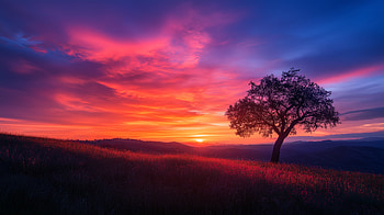 Vibrant Sunset Landscape with Solitary Tree -, landscape, sunset, tree, vibrant colors HD wallpaper