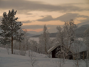 Saltoluokta, Sweden, snow, house, trees, building, sky, sweden, saloluokta, mountain HD wallpaper