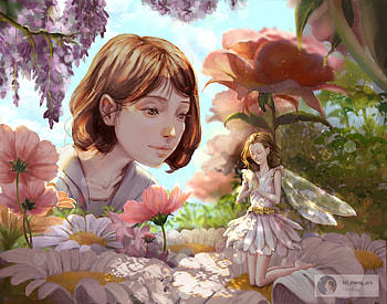 Garden fairy, frumusete, art, garden, girl, fairy, summer, rose, fantasy, flower, fei meng, luminos, feimeng, vara HD wallpaper