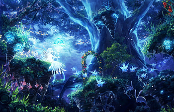 Fantasy World, night, blue, land, rose, flower, underwater, fish, water, wings, garden, aqua, tree, fairy, pink, anime, fantasy, light, green, red, world, fly, creature, forest HD wallpaper