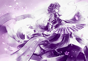 Remilia Scarlet, rozen maiden, girl, spring, dress, fan, purple, wind, pink, anime, petals, manga HD wallpaper