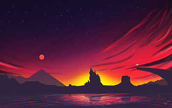 abstract sunset, abstract landscapes, creative, castle silhouettes, sunset, abstract mountains HD wallpaper