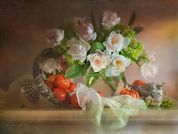 Still life with tangerines, art, vase, veil, beautiful, fruits, spring, fresh, orange, nice, tangerine, still life, leaves, painting, pretty, flowers, lovely HD wallpaper