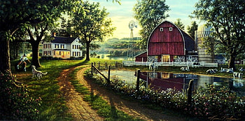 The Road Home, dog, river, path, artwork, House, cows, painting, boy, fence, trees, flowers, Barn, pond HD wallpaper