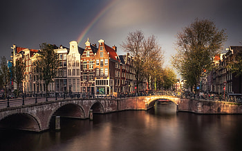 Amsterdam, morning, rainbow, sunrise, canal, Amsterdam cityscape, buildings, Netherlands HD wallpaper
