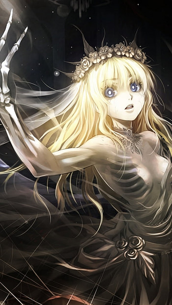 Wreathed Bone Angel - Long-Haired, Blue-Eyed Dark Anime, dark, long hair, blue eyes, wings, skeleton, Anime, Original, dark anime HD phone wallpaper