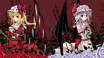 Red Eyes of Sister Scarlet, skull, red eyes, rose, sister scarlet, female, bat wings, sweet, alone, hot, anime girl, remilia scarlet, cool, touhou, headdress, flowers, heart, flandre scarlet HD wallpaper
