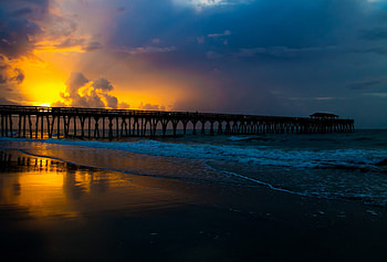 Sunset, sea, pier, beach, ocean waves, waves, clouds, nature, sky, splendor, ocean HD wallpaper