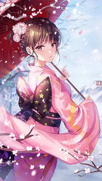 Ryougi Shiki, Kimono umbrella, Cherry blossom, Fate Grand Order HD phone wallpaper