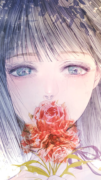 flower, blue eyes, white hair, short hair, Anime, Original HD phone wallpaper