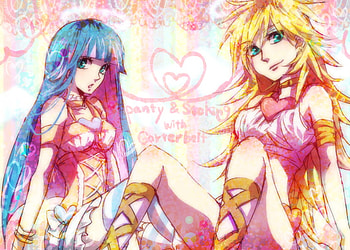 panty and stocking, pink, blue eyes, colors, blue hair, long hair, dress, yelow hair HD wallpaper