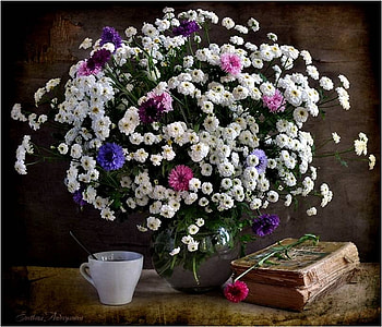 still life, teacup, tea, old books, beautiful, flowers vase HD wallpaper