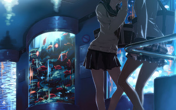 One day in the Museum, blue, black, uniform, school uniform, dark, museum, girls, fish, water HD wallpaper