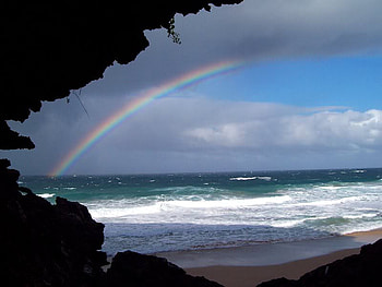 Ocean Rainbow, sky, sand, rainbow, ocean HD wallpaper
