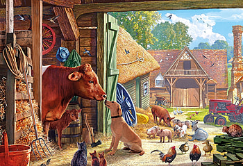 Besties, dog, cow, chickens, farm, puzzle HD wallpaper