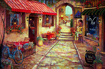 Bar du Marche, houses, artwork, restaurant, table, stairs, painting, flowers HD wallpaper
