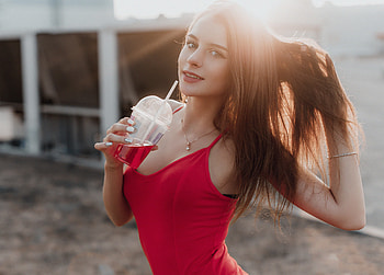 Girl Smiling Drink In Hands, girls, model, red-dress HD wallpaper