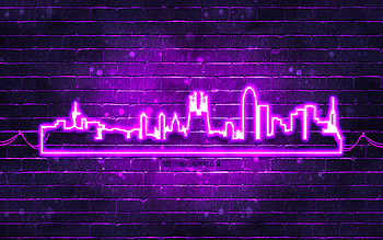 Barcelona violet neon silhouette, , violet neon lights, Barcelona skyline silhouette, violet brickwall, spanish cities, neon skyline silhouettes, Spain, Barcelona silhouette, Barcelona HD wallpaper