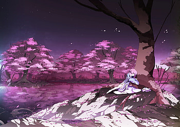 Saigyou Ayakashi, girl, saigyouji yuyuko, sleeping, tree, pink, scenery, sakura, touhou, cherryblossoms, hat HD wallpaper