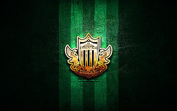 Matsumoto Yamaga FC, golden logo, J2 League, green metal background, football, japanese football club, Matsumoto Yamaga logo, Matsumoto Yamaga HD wallpaper