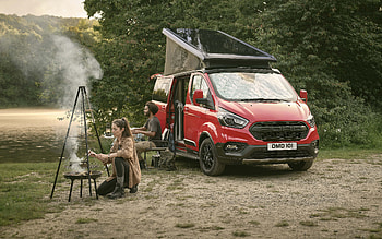 Ford Transit Trail, camper, exterior, front view, new red Transit, minivan, roof tent, tourism, american cars, Ford HD wallpaper