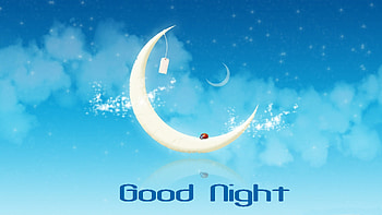 Good Night!, blue, white, ladybug, cute, good night, moon, texture, luna, card, luminos HD wallpaper