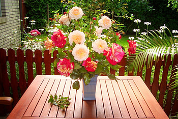 Bouquet of garden flowers, colorful, plants, cozy, fragrance, patio, yard, table, roses, house, garden, vase, beautiful, summer, still life, pretty, freshness, scent, flowers, harmony, home HD wallpaper