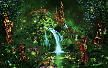 Night Fantasy, stairs, lights, green, waterfall, houses, pond HD wallpaper