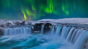 Godafoss waterfall, under the northern lights, night, nature HD wallpaper