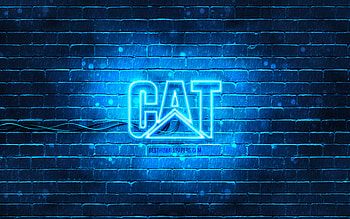 Caterpillar blue logo, , CAT, blue brickwall, Caterpillar logo, brands, Caterpillar neon logo, Caterpillar, CAT logo HD wallpaper