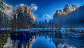 Winter landscape, Ice, Winter, Moon, Lake, Mountains HD wallpaper