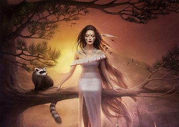 Pocahontas, melaniedelon, girl, raccoon, melanie delon, tree, branch, fantasy, luminos, sunset HD wallpaper